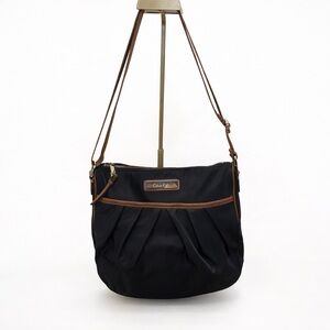 Calvin Klein Nylon Crossbody Shoulder Bag Purse | Navy Blue with Brown Trim
